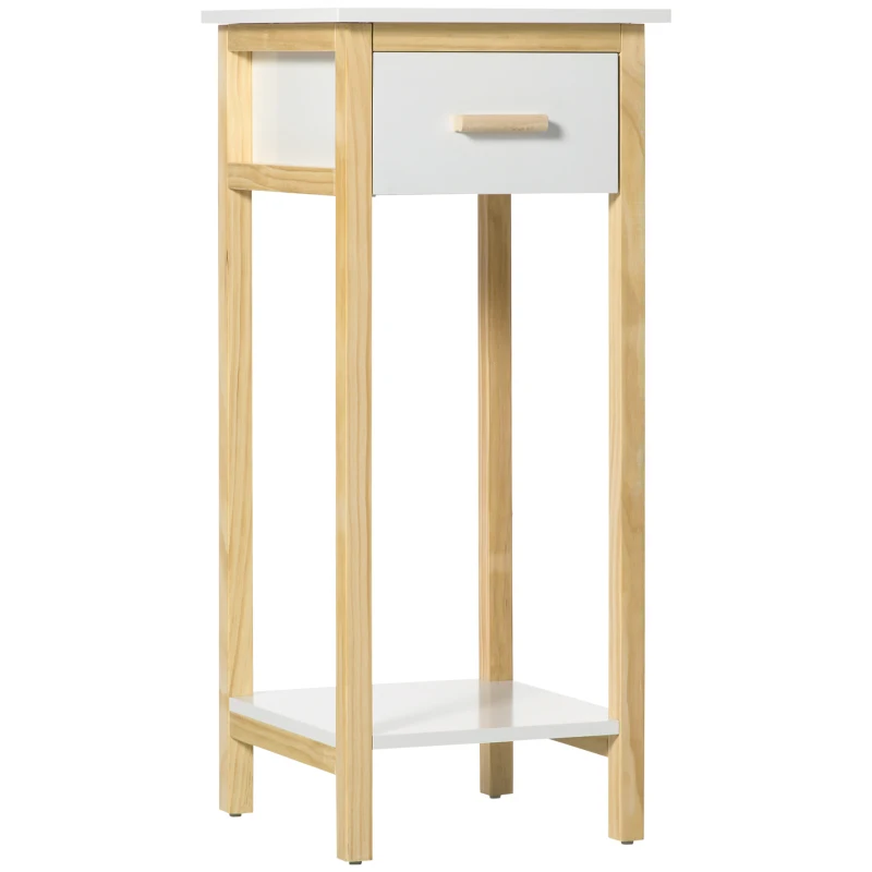 HOMCOM Tall Side Table, Slim Bedside Table with Drawer and Bottom Shelf, Narrow End Table with Storage and Pine Wood Frame for Small Spaces, White