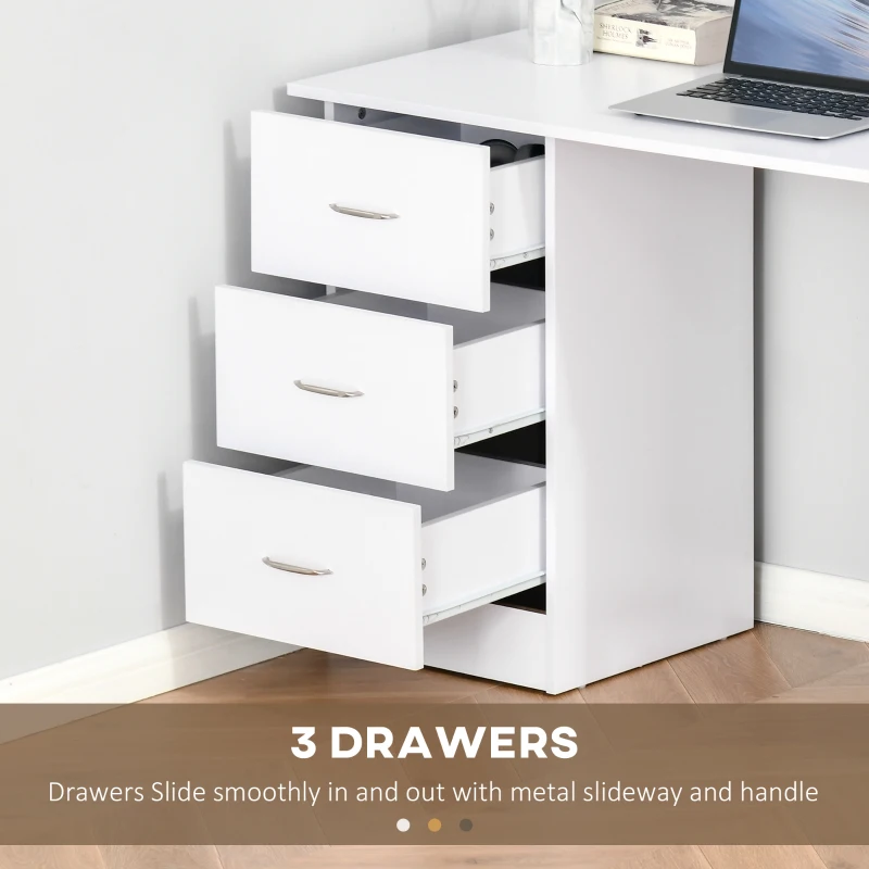 HOMCOM Computer Desk, 47" Writing Table with 3-Tier Shelves and 3 Reversible Drawers for Home Office, Bedroom, White