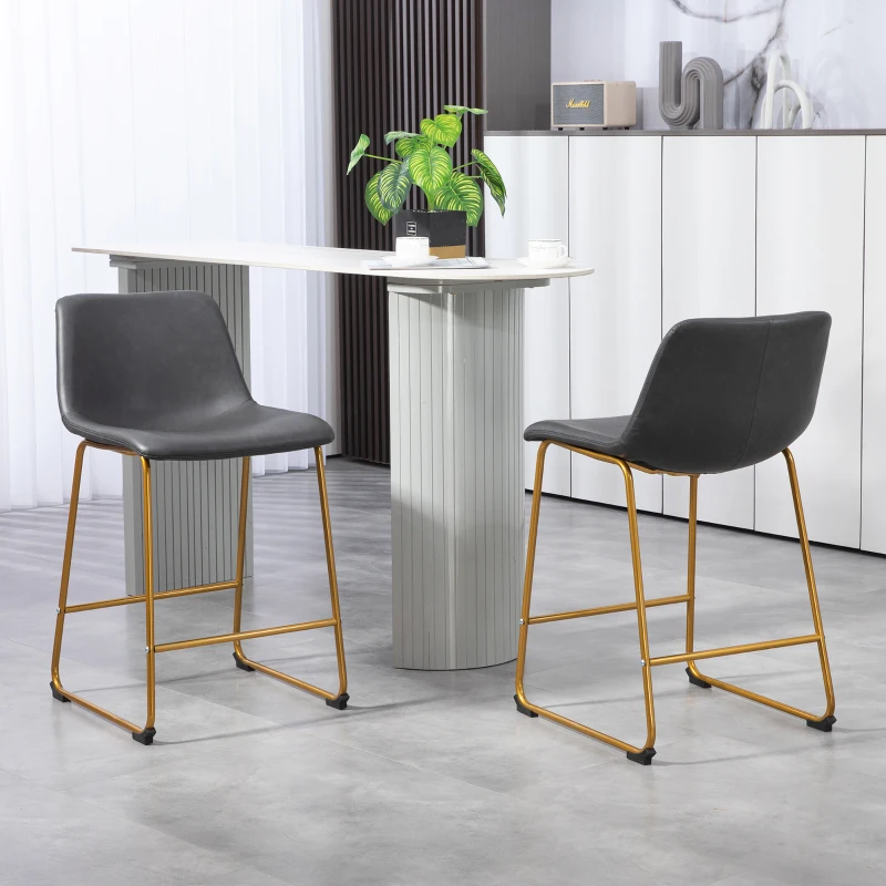 HOMCOM Counter Height Stools Set of 2, PU Leather Upholstered Stools for Kitchen Island, Modern Bar Chairs, Dark Grey
