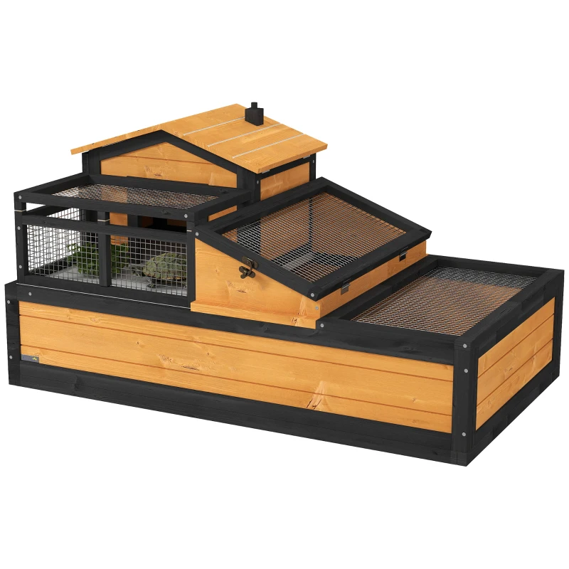 PawHut 3-Room Tortoise Habitat House w/ Balcony & 2 Stories, 44" x 25.5" x 25", Yellow