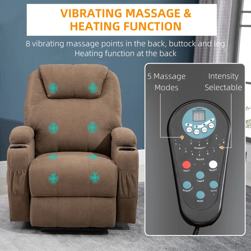 HOMCOM Electric Power Reclining Massage Sofa w/ 8-Point Vibration Waist Heating Side Storage USB Port, Brown