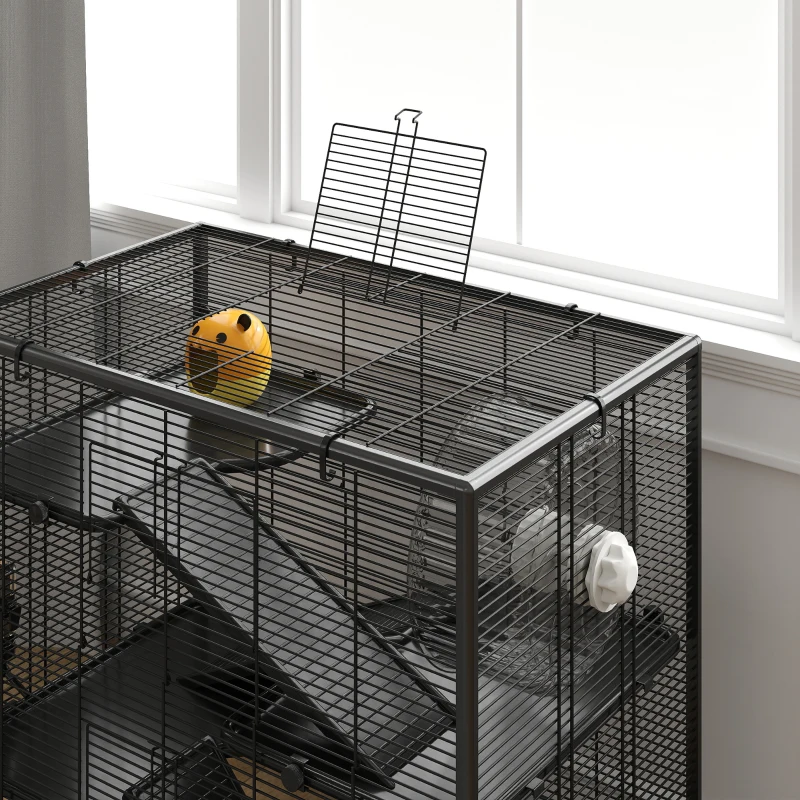 PawHut 4 Tier Hamster Cage with Deep Tempered Glass Bottom, Running Wheel, Hut, Water Bottle, Food Dish, 31" x 19" x 31.5"