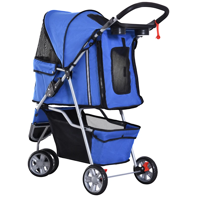 PawHut 3 Wheels Foldable Dog Stroller with Storage Basket, Adjustable Canopy, Cupholder for Miniature and Small Dogs, Blue