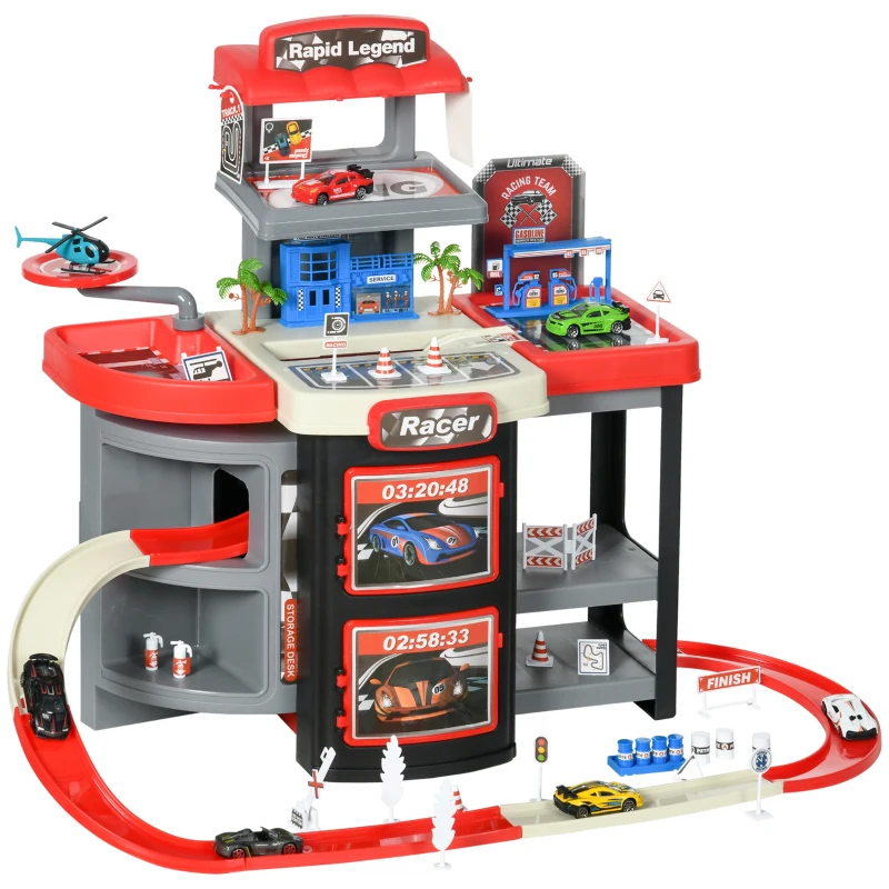 Qaba City Garage Playset with 65 Accessories, 2 in 1 Design Children Trolley, Car Ramp Toy Set with 6 Mini Racer Cars, Gifts for Kids Ages 3-6 Years Old