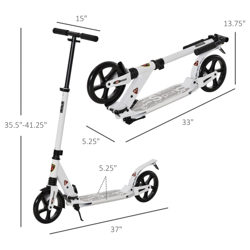 Soozier Foldable Kick Scooter Height Adjustable Ride On Bike with Real Wheel Brake, Dual Shock-Absorbing, Kickstand, and 7.75'' Big Wheels For 14+ Teens Adult, White