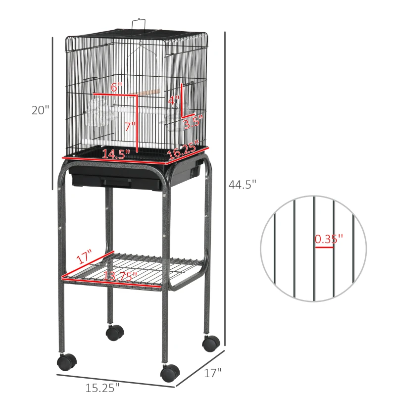 Pawhut 45-inch Metal Indoor Bird Cage, Parrot Cage, Bird Aviary with Detachable Rolling Stand, Storage Basket, and Accessories - Black