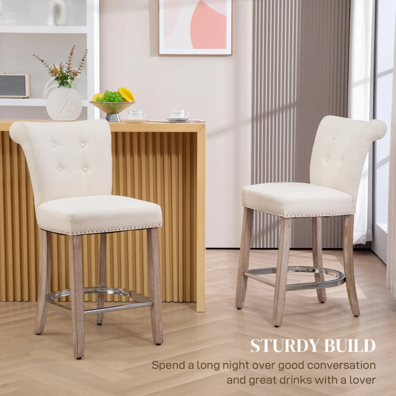 HOMCOM Bar Stools Set of 2, Upholstered Counter Height Stools with Button Tufted Back, Wood Legs and Footrest, Cream White