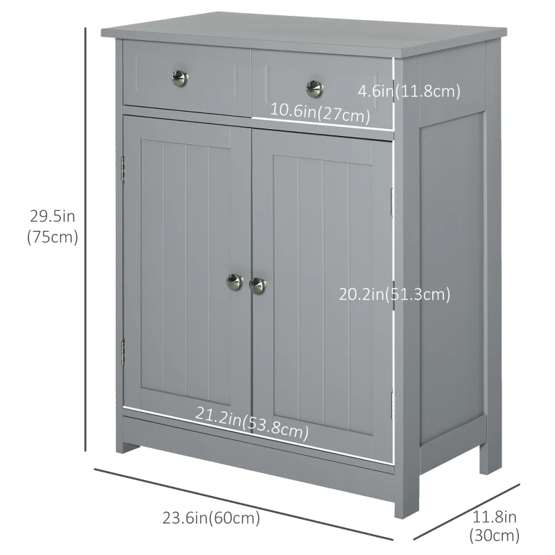 kleankin Freestanding Bathroom Floor Cabinet, Organizer Floor Tower with 2 Door, 2 Drawers, Adjustable Shelf, Grey