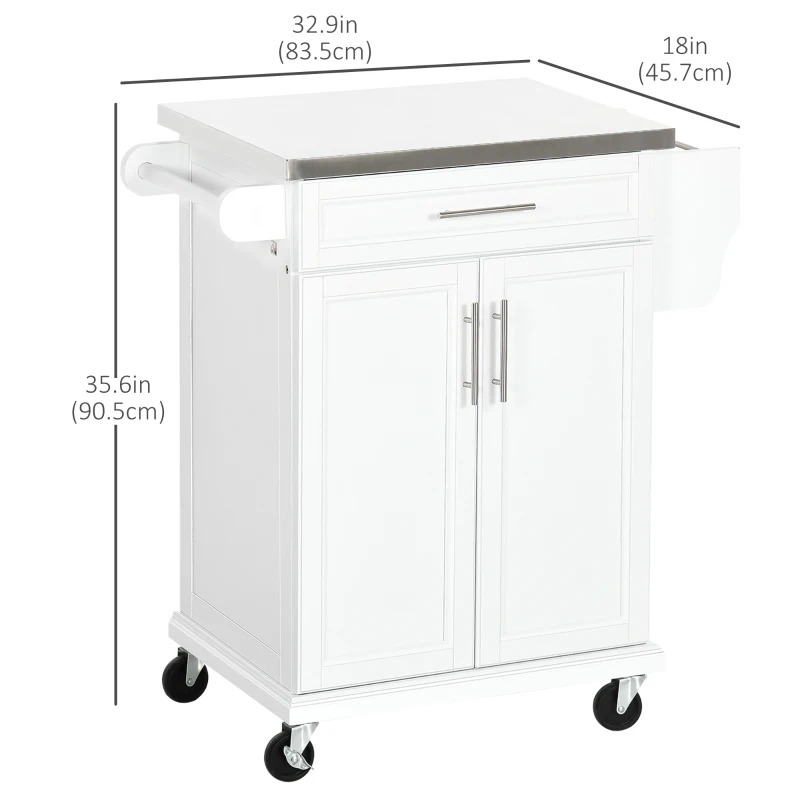 HOMCOM Kitchen Island with Stainless Steel Top, Rolling Kitchen Cart on Wheels with Storage Drawer, Cabinet, Towel Rack and Spice Rack (White)