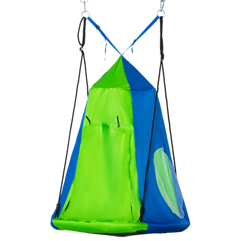 Outsunny Kids Hanging Tree Swing Tent for Backyard, Waterproof Hammock Chair Nest Pod, Saucer Swing with Screen Window, Rolling Door, for Indoor & Outdoor Use, Green