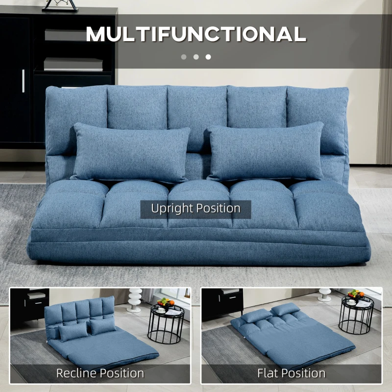 HOMCOM Floor Sofa, Foldable 2-Seater Lazy Sofa Sleeper with 9-position Backrest and 2 Pillows Light Blue
