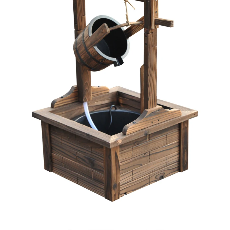 Outsunny Outdoor Wooden Wishing Well Fountain with Adjustable Water Flow Rate, Outdoor Rustic Waterfall Fountain with Electric Pump, Water Bucket, for Backyard Patio Garden Lawn, Carbonized Finish