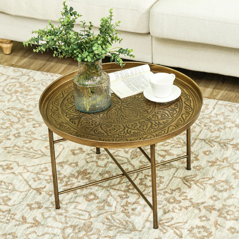 HOMCOM Coffee Table for Living Room, 24" Round Center Table with Hammered Tray Top and Metal Frame for Bedroom, Gold