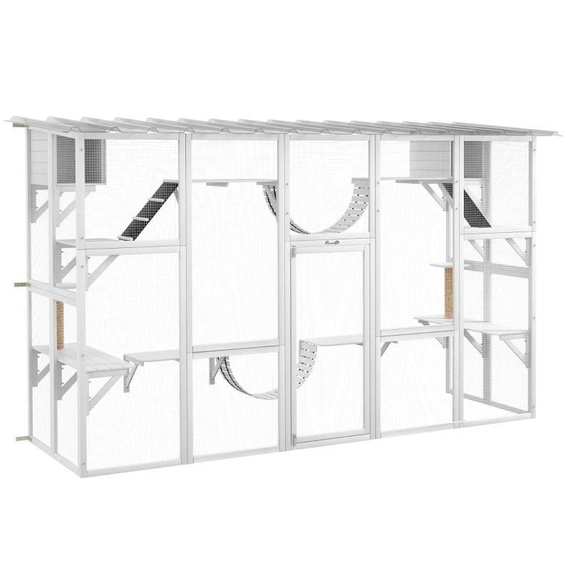 PawHut Large Outdoor Catio with Condos, Platforms, Doors, Ladders, Weather-Resistant Roof, White