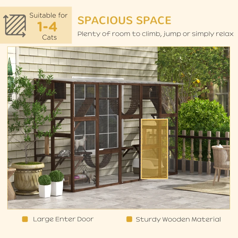 PawHut Large Outdoor Catio with Condos, Platforms, Doors, Ladders, Weather-Resistant Roof, Espresso