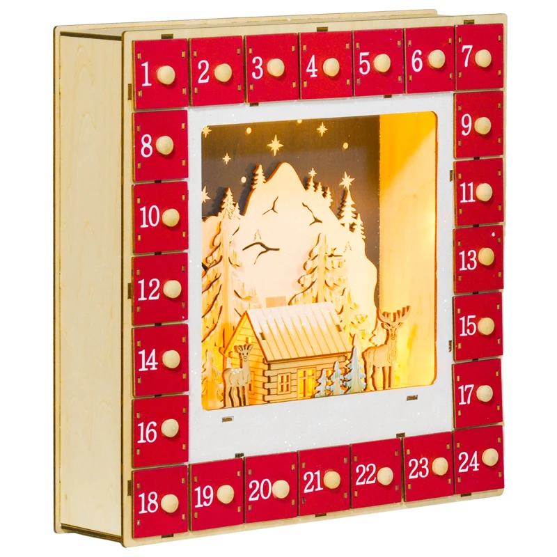 HOMCOM Wooden Christmas Advent Calendar, Light Up Holiday Decoration with 24 Countdown Drawers, Battery Operated