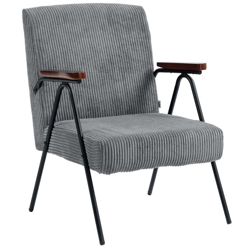 HOMCOM Modern Armchair, Upholstered Corduroy Accent Chair with Wood Arms and Steel Frame for Living Room, Bedroom, Grey