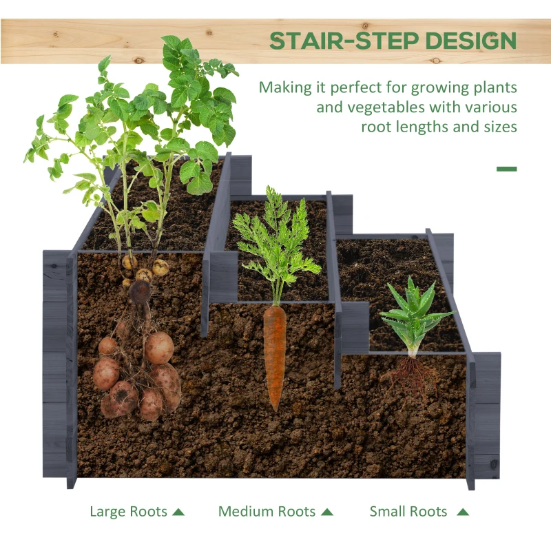 Outsunny 3-Tier Wood Raised Garden Bed, Elevated Planting Box, Outdoor Vegetable Flower Container, Herb Garden Indoor Kit, Gray