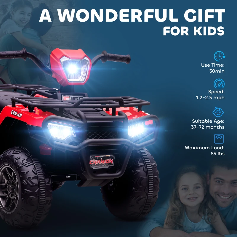 Aosom 12V Kids ATV, 4 Wheeler Quad Ride on Toy, Battery Powered Electric Vehicle with Headlight, Music, MP3 & Treaded Tires, R
