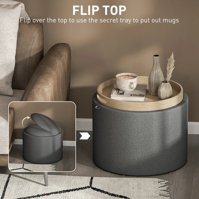 HOMCOM Round Storage Ottoman Coffee Table with Flip Top Tray, Linen Fabric Upholstered Footstool with Hidden Compartment