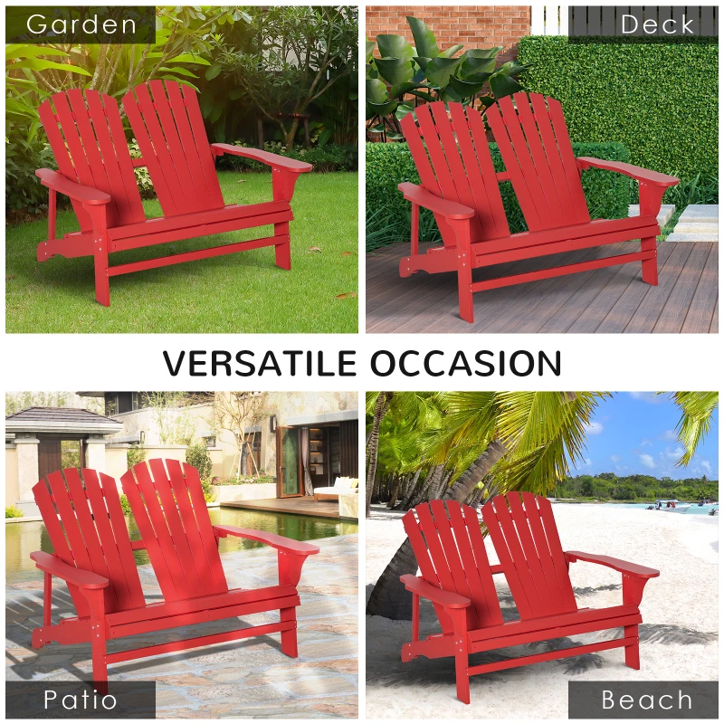 Outsunny 2 Person Adirondack Loveseat, Fire Pit Chair for 2, Wooden Double Adirondack for Patio, Porch, Backyard, Garden with High-back, Wide Armrests, Red