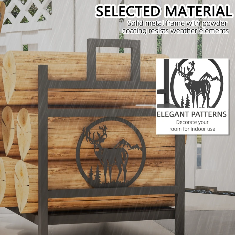 Outsunny Decorative Firewood Rack Outdoor Indoor Steel Wood Storage Log Holder with Side Handles, 19.7" x 13.4" x 17.7", Black