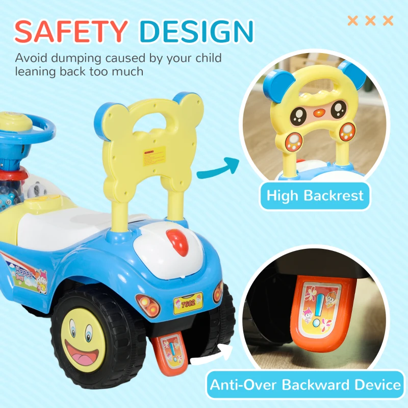 Qaba Foot to Floor Toddler Push Car w/ Horn, Light, Music, Anti-Over-Backwards Device & Underseat Storage, Blue