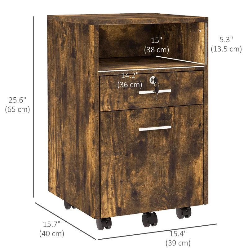 Vinsetto Small Filing Cabinet with 2 Drawers, Lockable Home Office Storage Cabinets on Wheels for A4, Letter Size, Rustic Brown