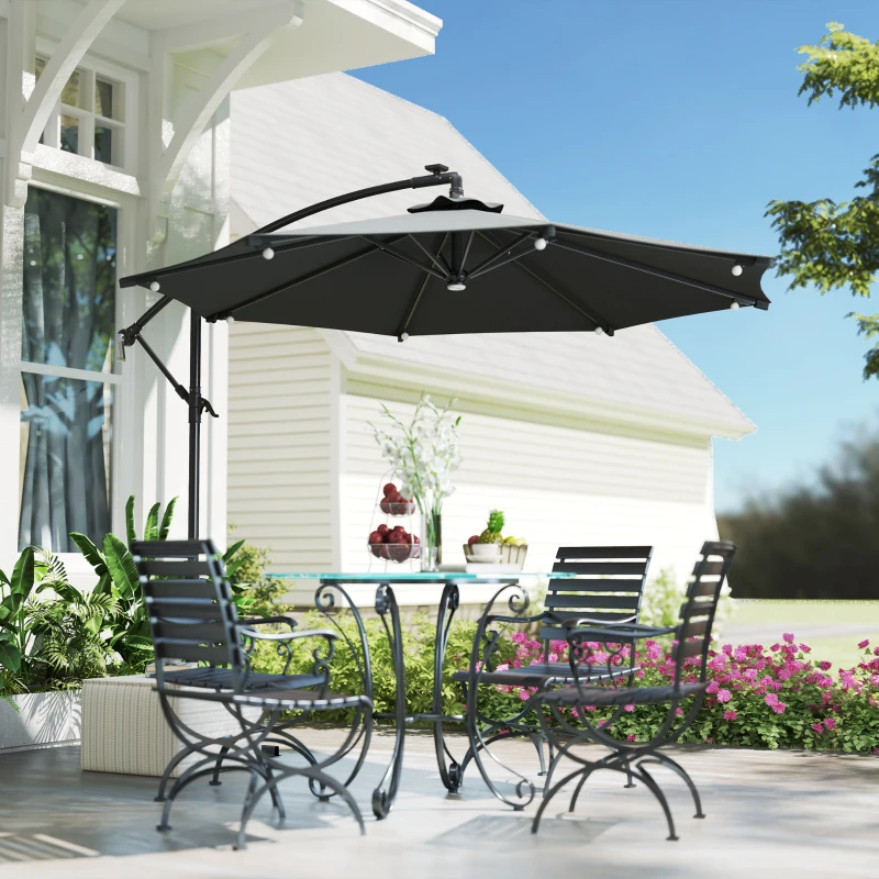 Outsunny 8.8FT Cantilever Patio Umbrella with Solar Powered LED Lights, Crank Handle, Cross Base for Outdoor Sun Shade, Grey