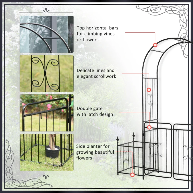 Outsunny 86" Garden Arch Arbor, Metal Arch Trellis with Gate and Planter Baskets, Garden Archway for Climbing Vines, Wedding Ceremony Decoration, Flourishes & Arrow Tips, Black