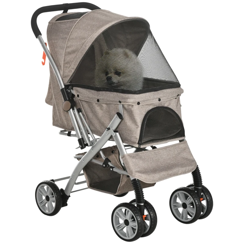PawHut 4 Wheels Pet Stroller w/ Reversible Handle, Foldable Dog Cat Travel Carriage w/ EVA Wheels Basket Storage Bag 3-stage Canopy Brown