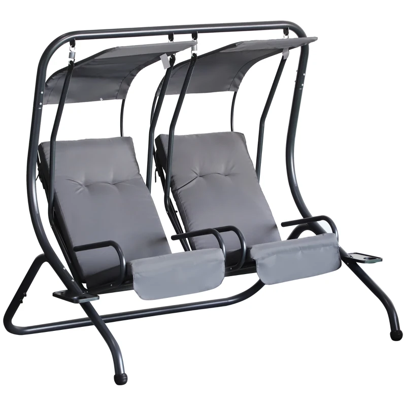 Outsunny Luxury Patio Swing Metal Outdoor Porch Swing Chair 2 Separated Seater Hammock Heavy-Duty with Canopy and Cushions, Grey