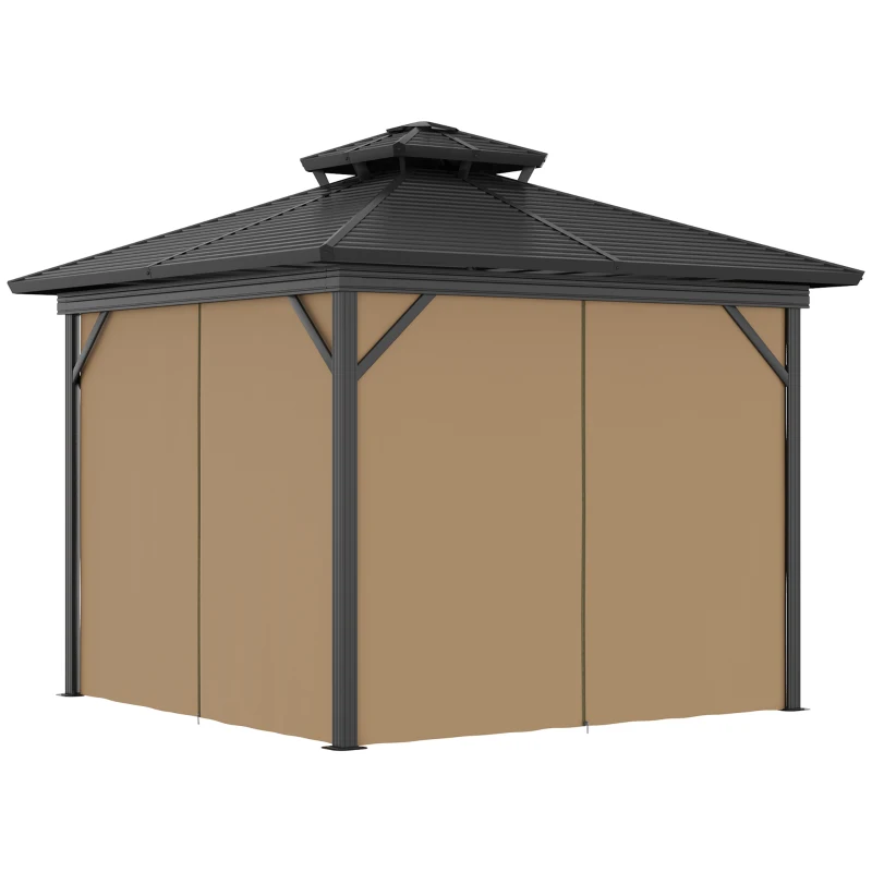 Outsunny 10' x 10' Hardtop Gazebo with Curtains and Netting, Permanent Pavilion Metal Double Roof Gazebo Canopy with Aluminum Frame and Hooks, for Garden, Patio, Backyard, Dark Brown