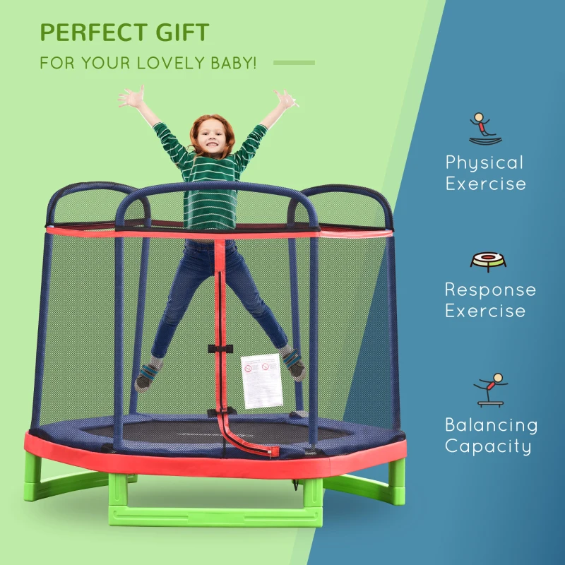 Outsunny 84.75" Kids Trampoline 7 FT Indoor Outdoor Trampolines with Safety Net Enclosure Built-in Zipper Padded Covering, for Boys and Girls, Red