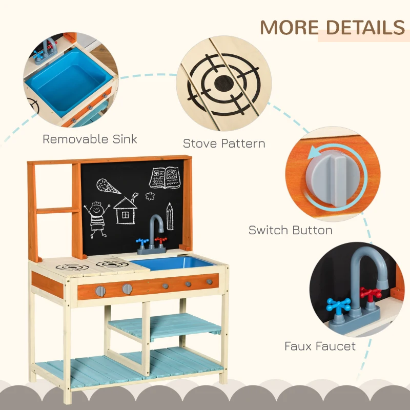 Qaba Kids Kitchen Playset, Wooden Pretend Play Kitchen Toy Set for Toddlers with Chalkboard, Removable Sink, Faucet, Storage Shelves, for 3-8 Years