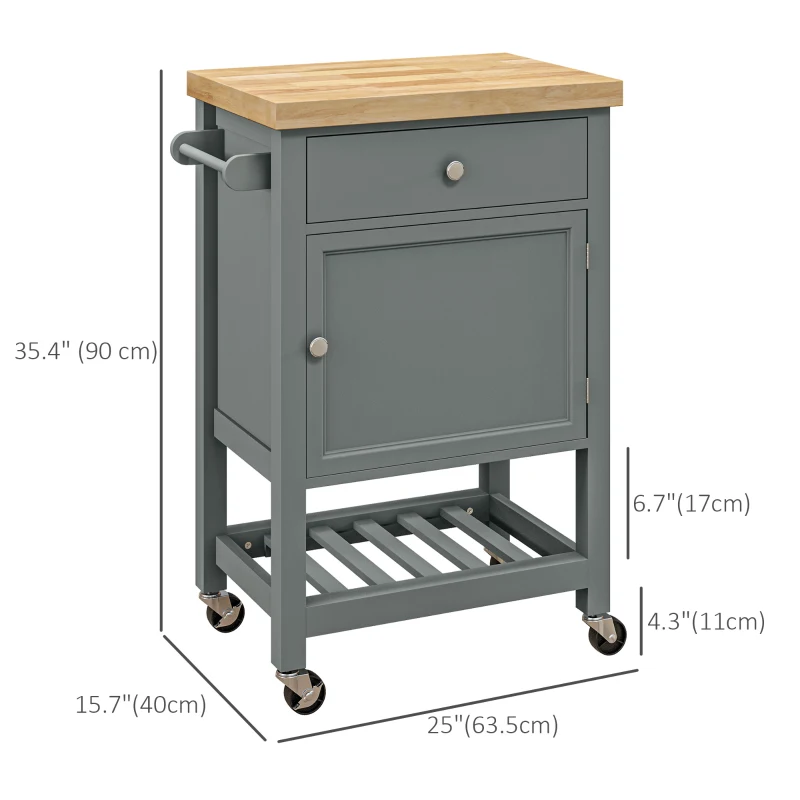 HOMCOM Kitchen Cart on Wheels, Rolling Kitchen Island Cart with Wood Top, Towel Rack, Drawer and Shelf for Dining Area, Grey