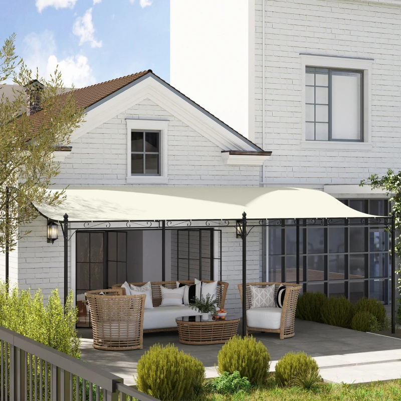 Outsunny 10' x 20' Wall-Mounted Outdoor Pergola Canopy, Metal Patio Canopy with Drainage Holes for Backyard Garden, Cream White