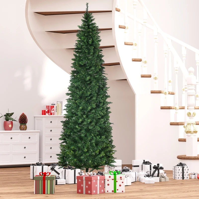 HOMCOM 9' Artificial Pencil Christmas Trees, with Auto Open, Steel Base, Pine Needles, for Home Xmas Decoration