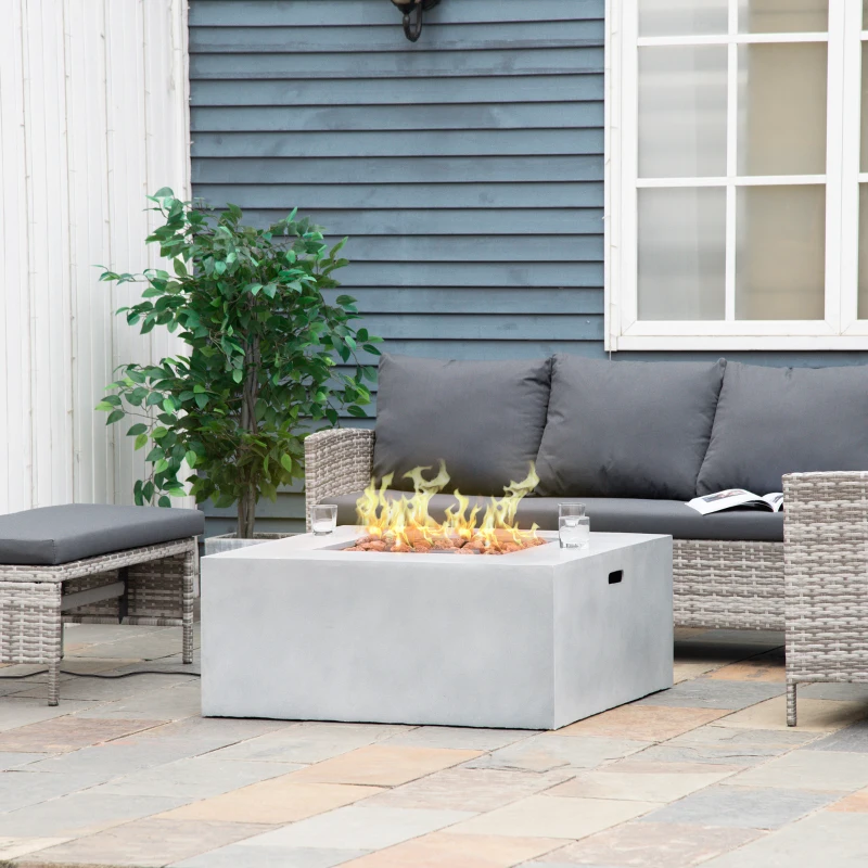 Outsunny 36" Firepit Table for Outside, 50,000 BTU Large Rectangular Stone Gas Firepit with Lava Rocks & Rain Cover, Fits 20lb Tank, Gray