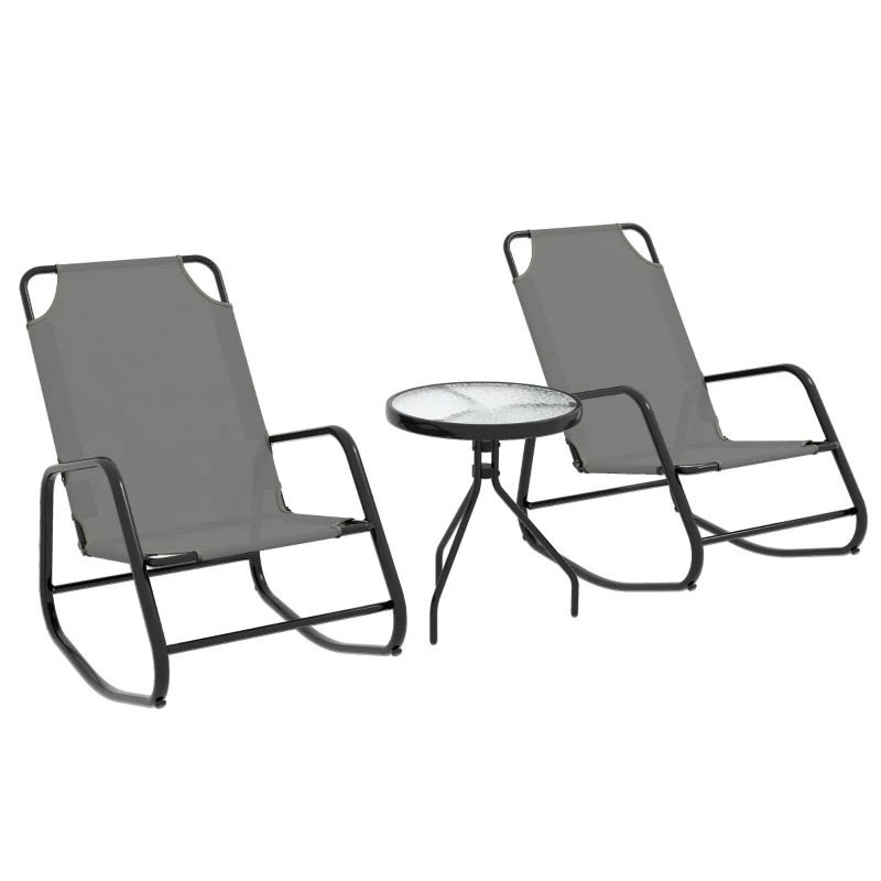 Outsunny Patio Rocking Chairs Set of 2, 3 Pieces Patio Bistro Set with Metal Frame, Breathable Mesh Fabric Seat for Garden, Deck, Grey