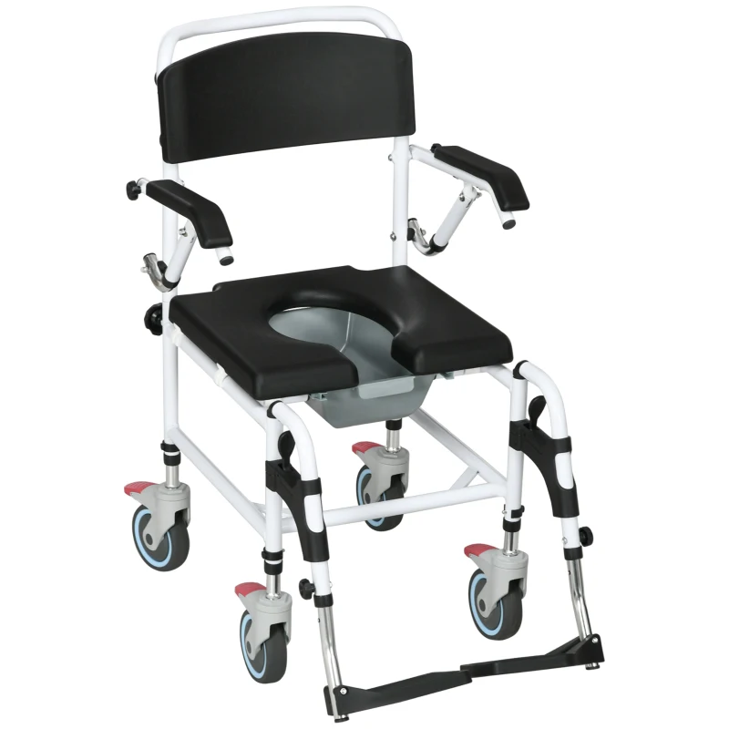 HOMCOM Accessibility Commode Wheelchair, Rolling Shower Wheelchair with 4 Castor Wheels, Rectangle Detachable Bucket, & Waterproof Design, 17" Seat Width, Black