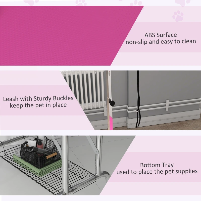PawHut Foldable Grooming Table for Dogs with Height Adjustable Grooming Arm, Storage Shelf, Pink