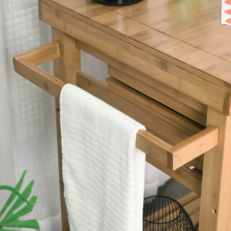 HOMCOM Bamboo Kitchen Island Cart on Wheels, Utility Trolley Cart with 2 Storage Drawers and Open Shelves, Bamboo Tone