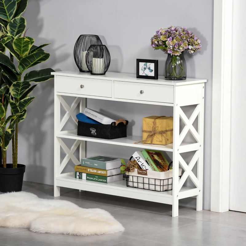 HOMCOM 39" Console Table, Narrow Entryway Table with Storage Shelves, Drawers and X Frame for Behind Couch, Living Room, Hallway, White