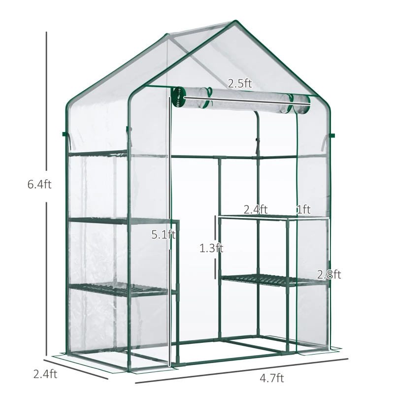 Outsunny 56" x 29" x 77" Walk-in Greenhouse, Mini Greenhouse with 4 Shelves, Roll-Up Door and Weatherized Cover, Clear