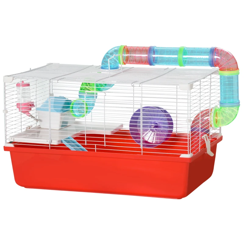 PawHut Large Hamster Cage with Tubes and Tunnels, 2-Level Steel Rat Cage, Small Animal House, Includes Exercise Wheel, Hut, Water Bottle, Food Dish, 23" x 14" x 14", Red