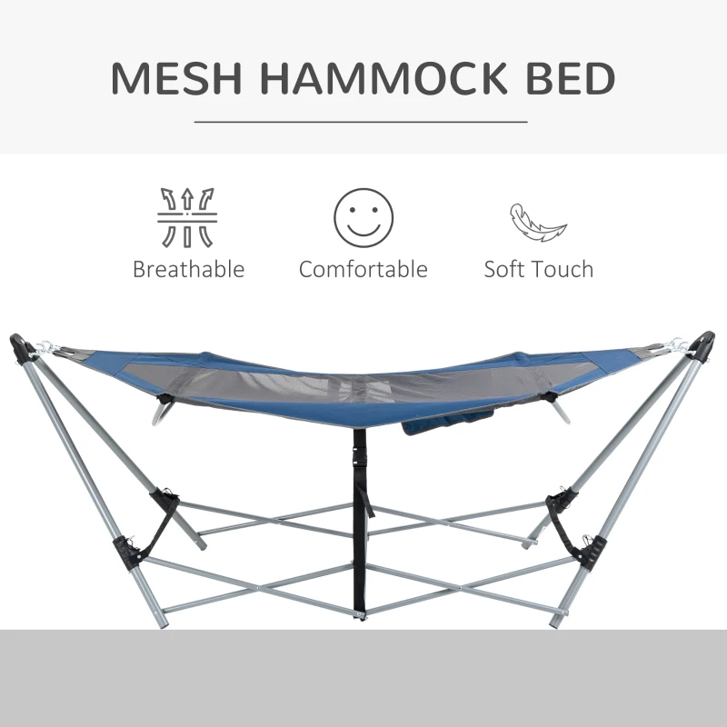 Outsunny Foldable Outdoor Hammock with Stand, Portable Hammock Bed with Carrying Bag and Pocket for Travel, Beach, Backyard, Patio, Hiking, Dark Blue