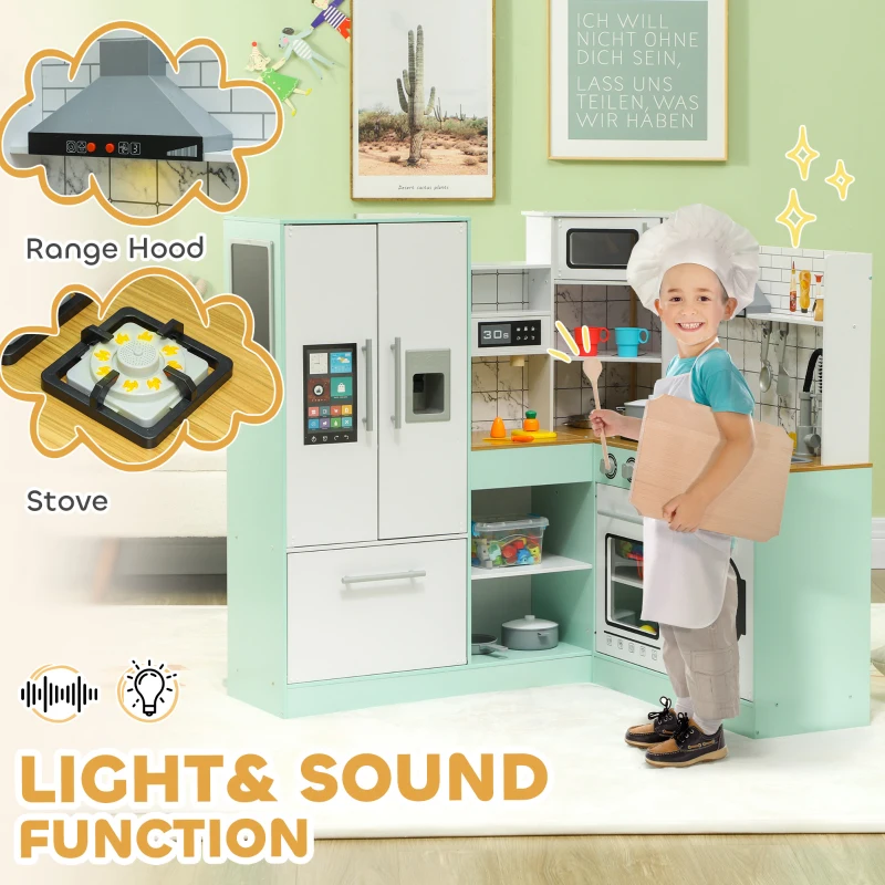 Qaba Play Kitchen, Corner Kids Kitchen Playset w/ Chalkboard, Range Hood, Ice Maker, Stove, Microwave, Sound & Lights