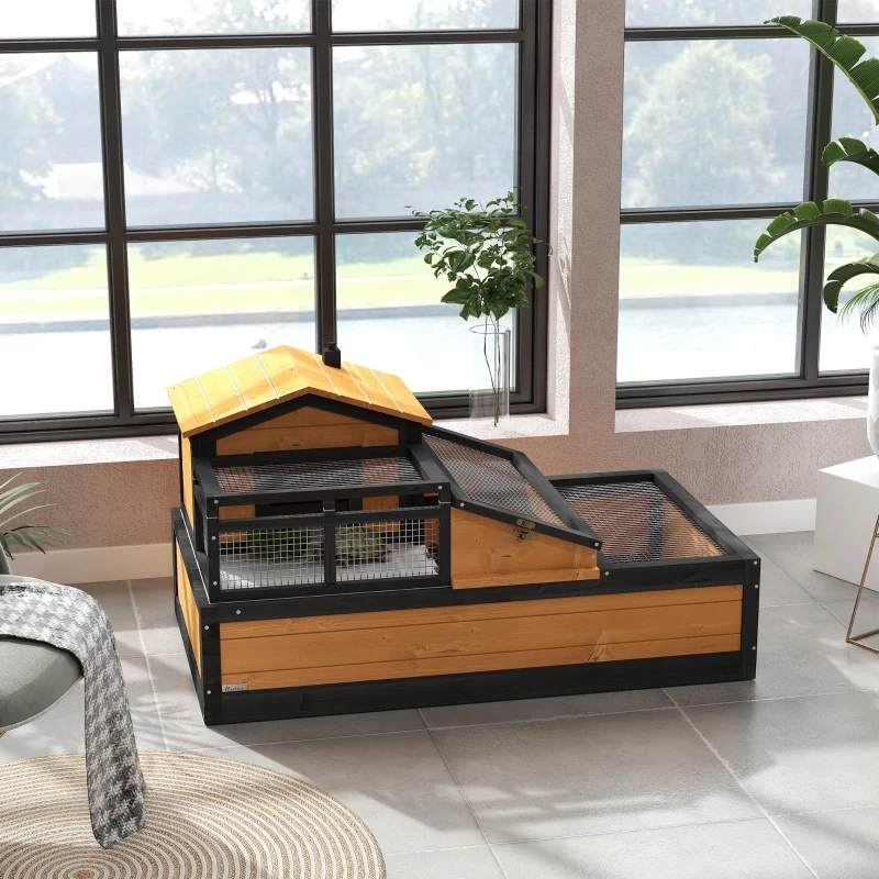 PawHut 3-Room Tortoise Habitat House w/ Balcony & 2 Stories, 44" x 25.5" x 25", Yellow