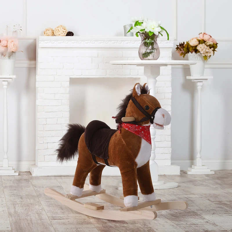 Qaba Kids Plush Rocking Horse Child Ride On Toy Rocker with Realistic Sounds Coffee
